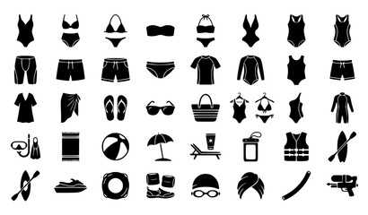 Summer beach vacation icons set swimwear accessories and water sports © Allah