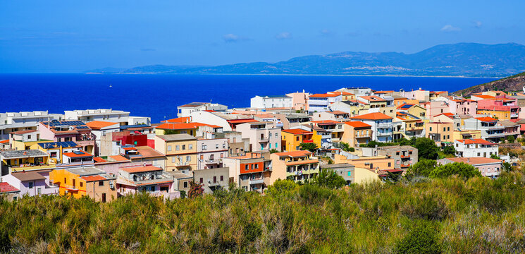 Colorful Mediterranean houses in Castelsardo overlooking the sea in Sardinia, Italy