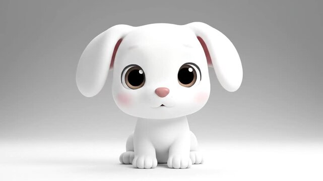 A cute white cartoon rabbit with big eyes and floppy ears sits on a plain surface