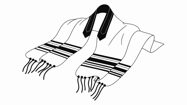 Black and white vector illustration of a Tallit, a traditional Jewish prayer shawl with stripes and fringes, isolated on a white background.