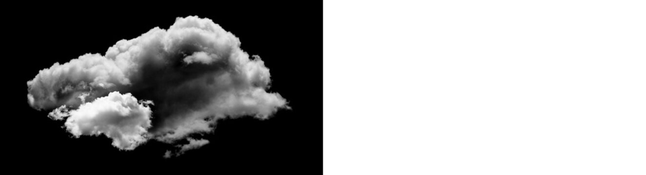 Single white cloud isolated on black background, realistic cloud shape for design, high resolution cloud element for sky replacement isolated on transparent background