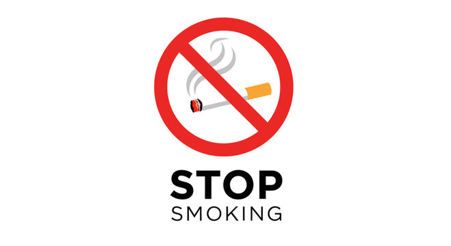 No smoking sign with a red prohibition circle over a cigarette illustration and the text 'STOP SMOKING', symbolizing health awareness and public safety regulations.