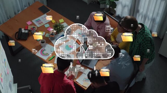 A diverse team engages in a collaborative meeting, utilizing cloud technology for digital file management to enhance creativity and productivity in a modern office environment. Raster
