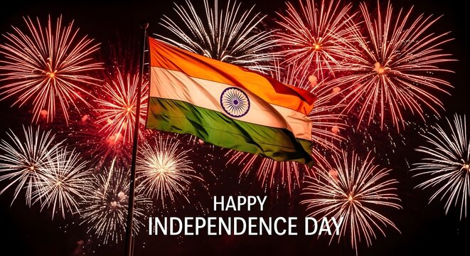 Indian independence day celebration with fireworks and flag