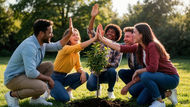 Diverse team joining hands around young tree seedling in park ideal for environmental cooperation, corporate social responsibility and sustainable growth