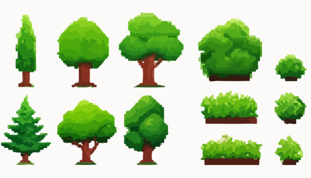 Pixel Art Forest Trees and Bushes Set for Game Design
