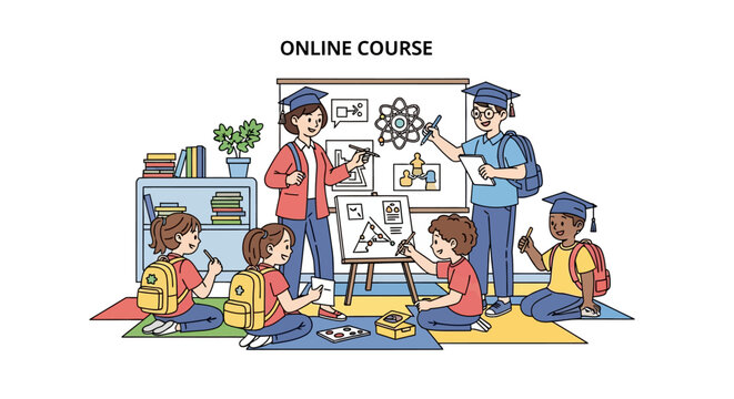 Children learning science and art in an online course classroom.