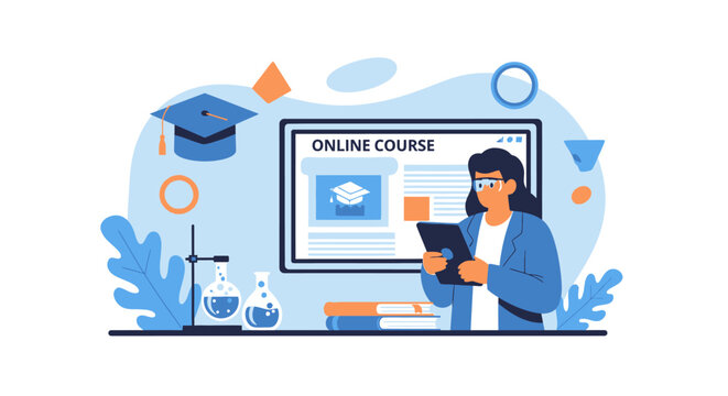 Woman studying online course on tablet with graduation cap and science elements.