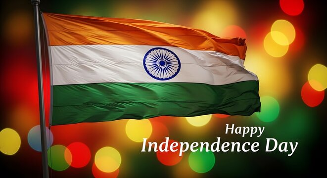 Indian flag waving with bokeh lights for independence day celebration