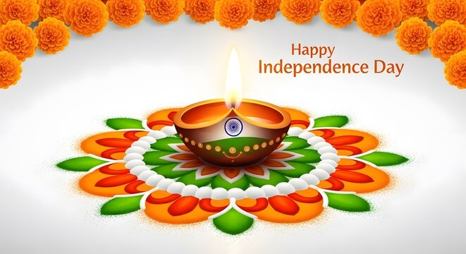 Vibrant indian independence day greeting with traditional diya lamp and marigold flowers