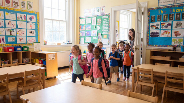 Teacher welcomes a diverse group of elementary school children as they walk into a bright and colorful classroom filled with educational wall art.