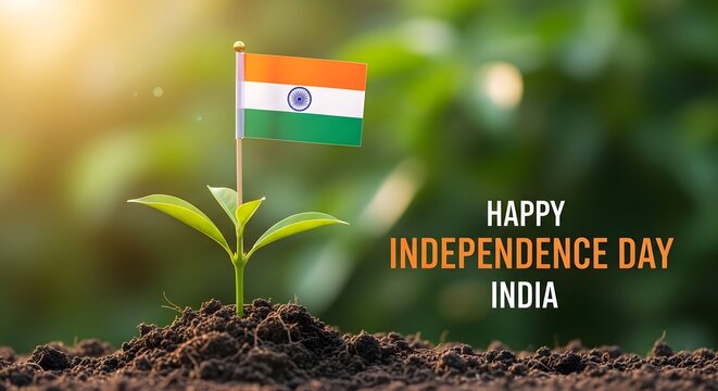 Indian independence day concept seedling with national flag and text