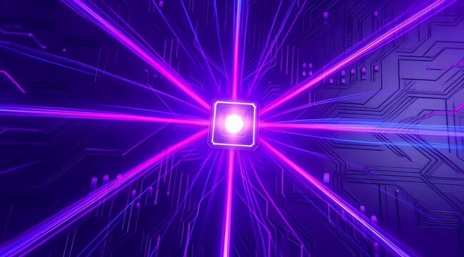 Central processing unit radiating neon pink light beams, futuristic digital motherboard circuit pathways, data flow and high speed networking technology