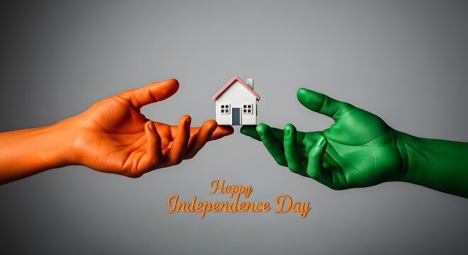 Indian independence day concept hands holding miniature house with tricolor theme