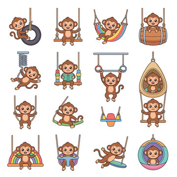 Monkeys on swings and toys.