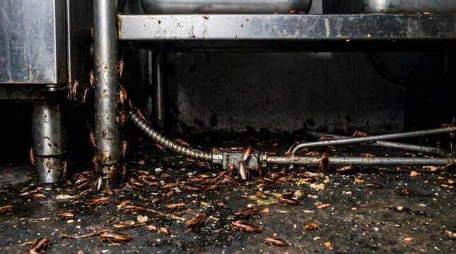 Severe Cockroach Infestation Beneath Commercial Kitchen Equipment Creating Food Safety and Sanitation Risk