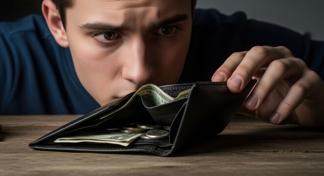 Man checking empty wallet on wooden table.