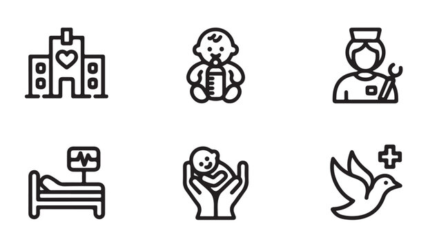 Healthcare icons depicting hospital birth services and newborn care support.