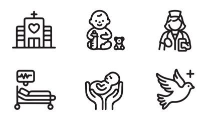 Fototapeta premium Medical and care icons for babies and children, ideal for pediatric and hospital designs.