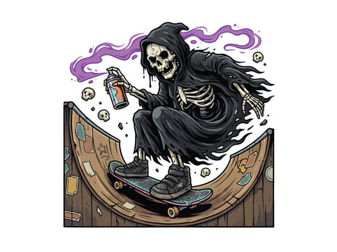 Hooded Skeleton Performing A Skateboard Trick On A Half Pipe Ramp, Holding A Spray Can With Purple Smoke And Scattered Skull Motifs, Vector Illustration