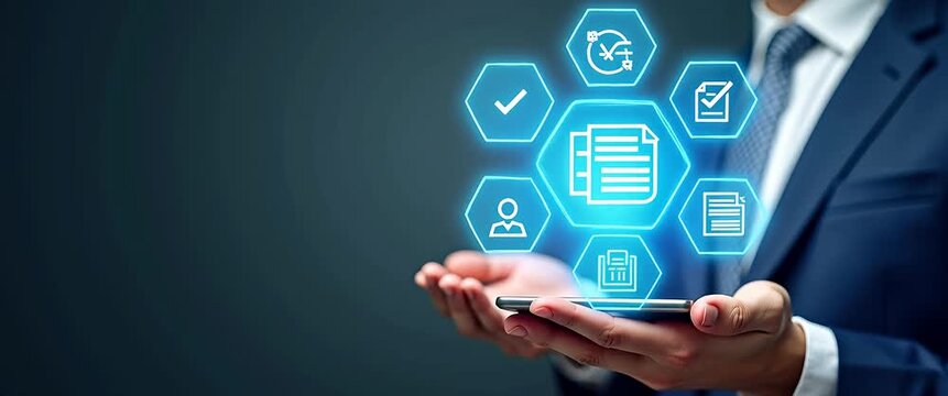 Businessman holding smartphone with digital icons representing productivity and workflow management