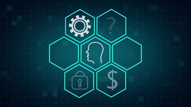 Abstract digital brain with bitcoin cryptocurrency symbols and business icons animating on dark background with square particles motion graphic loop.