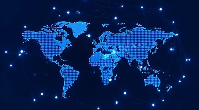 Digital blue world map made of light dots and network lines for data connection, global communication, international business