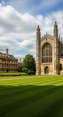 Fototapeta premium Historic Gothic Chapel with Green Lawn and Cloudy Sky.