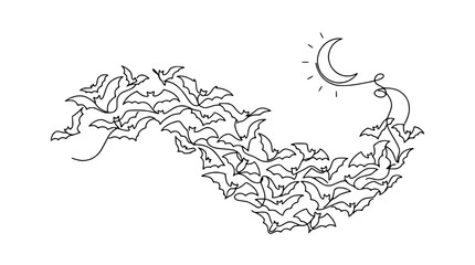 Obraz premium Whimsical Bat Swarm Silhouette Flying Towards Crescent Moon - Line Art