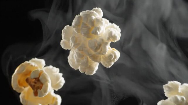 Exploding Popcorn Kernels with Smoke on Black Background