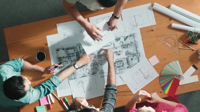 Time lapse of smart architect engineer team talking about project plan while manager walking at meeting table and start working and analyze building construction and looking at blueprint. Symposium.