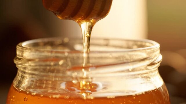 Honey Dripping from Wooden Dipper into Glass Jar