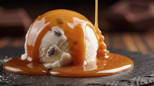 Caramel Sauce Dripping Over Vanilla Ice Cream Scoop