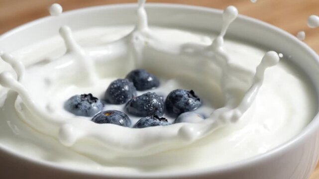 Fresh Blueberries Falling into Creamy Yogurt with Splash