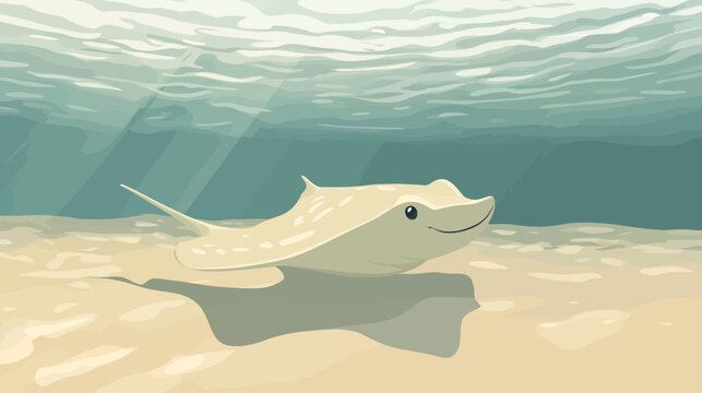 A smiling stingray swims underwater with rays of sunlight. The image has a low-poly aesthetic