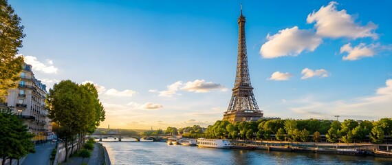 Obraz premium Ultra-realistic panoramic cityscape of Paris, France, featuring the iconic Eiffel Tower overlooking the Seine River during golden hour. A peaceful and beautiful urban landscape with classic French.