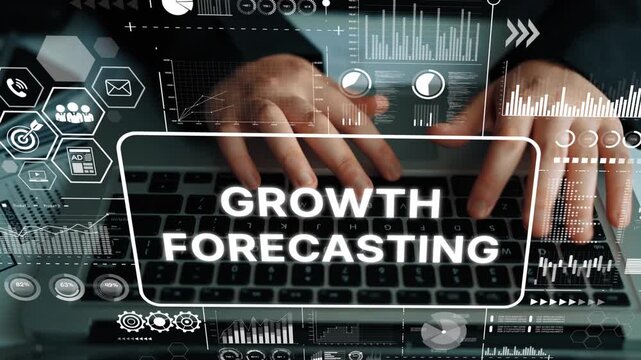Hands on Laptop Keyboard with Data Graphics for Business Growth Forecasting and Analysis. Asymptotic smart data analytic.