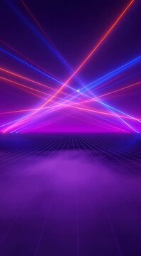 dynamic red and blue laser light show in a dark tunnel with neon grid floor, electronic music stage atmosphere, nightlife visuals