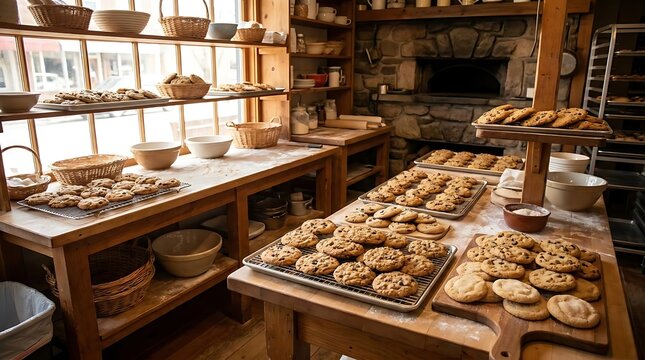 Freshly baked cookies arranged on wooden tables in warm kitchen setting
