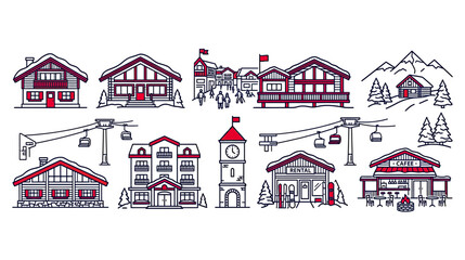 Ski Resort Village Set, Winter Mountain Town Buildings, Line Art Icons © alam