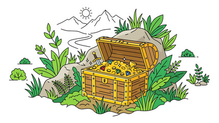 Treasure Chest Overflowing with Gold Coins and Jewels in a Lush Natural Setting © alam