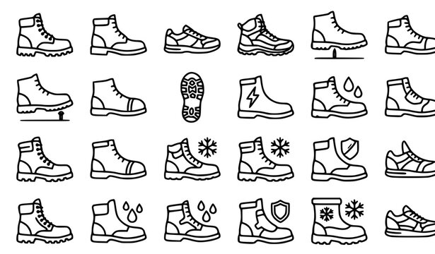 Industrial Safety Shoes Outline Vector Icon Bundle