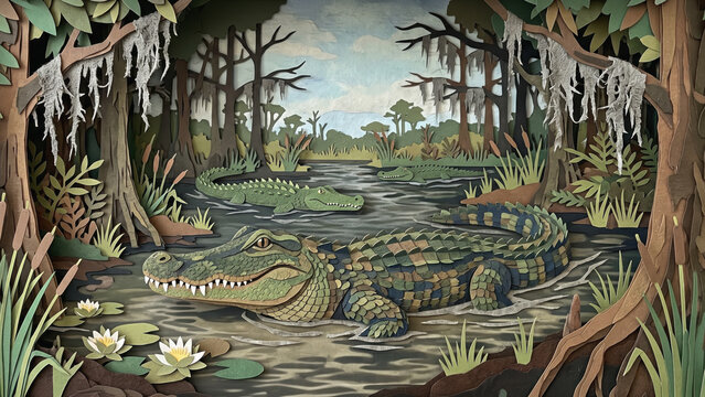 A torn construction paper diorama of three alligators in a murky swamp, surrounded by layered trees with moss, lilies, and tall grass.