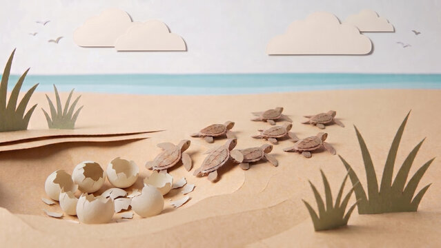 A construction paper diorama of baby sea turtles hatching from eggs and crawling across a sandy beach toward the ocean under a light sky with clouds.