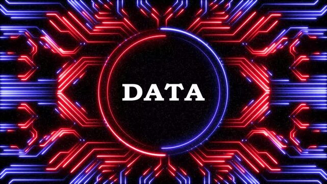Data text on circuit board background, neon glowing text data, digital data motion.
