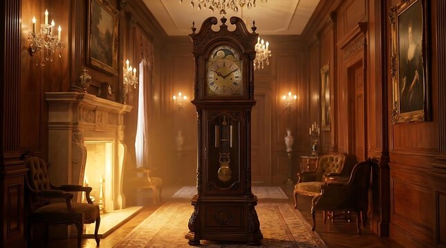 Grand clock standing in elegant wooden hallway with fireplace and chandeliers