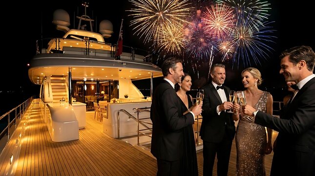 Group celebrating on yacht under fireworks