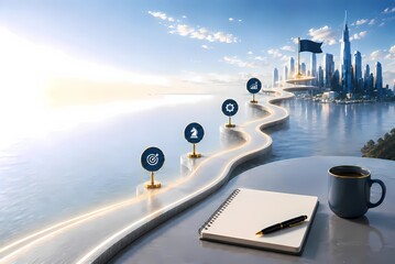Obraz premium Business Growth Roadmap With Futuristic City Skyline Strategic Success Journey And Goal Achievement Concept