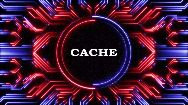 Neon blue digital cache concept background featuring futuristic circuit board data.