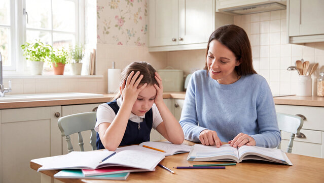 Schoolgirl feeling overwhelmed by study material sits at home with her mother who provides encouragement and helps with the school lessons.